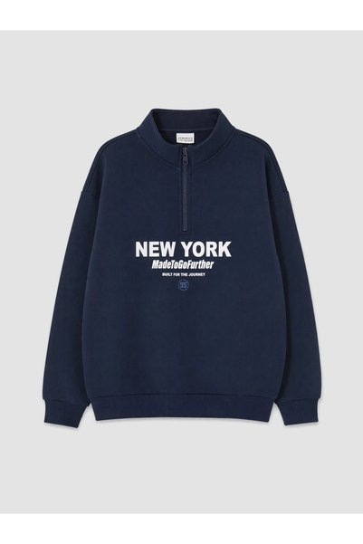 LC Waikiki Navy Blue New York Printed Boys' Thick Sweatshirt