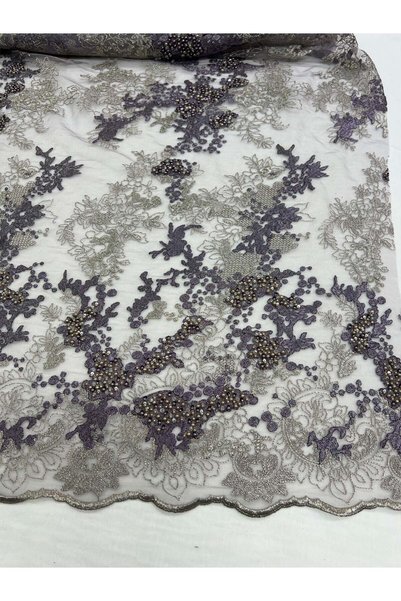Yiğit Kumaş Beaded Embroidered Evening Dress Fabric - Lilac Color