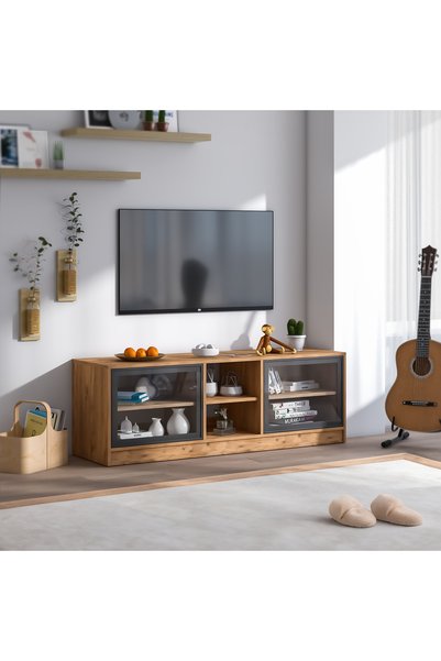 DEKOREX Comodă TV TVS208, Seria Vesta, cu uși din sticlă