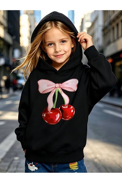 Kız Çocuk Moda Kapüşonlu Sweatshirt, Pembe Fiyonk Desenli Kırmızı Kiraz, Günlük Rahat Kapüşonlu