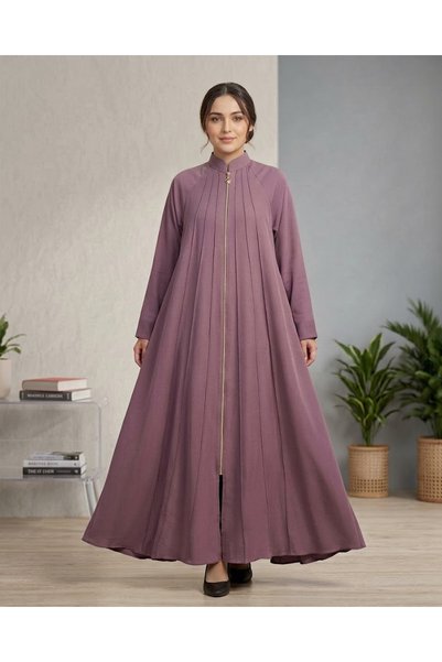 Muchmy Women’s High-Neck Zipper Pleated Dusty Purple Abaya With Scarf