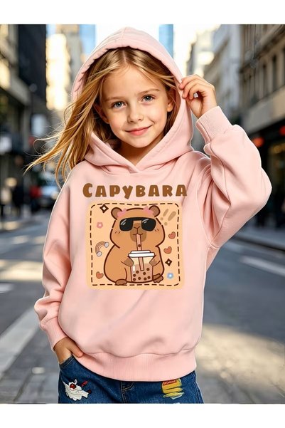 Kız Çocukları İçin Moda Kapüşonlu Sweatshirt, Üzerinde "CAPYBARA" Yazısı Bulunan, Moda Gözlüklü ve Fiyonklu, Kuru Ot Çayı ve İnciler Tutan Karikatür Kapibara Figürlü,