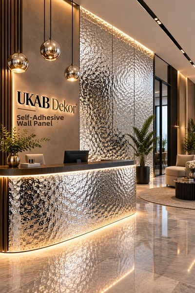UKAB DEKOR 120X280 cm Self Adhesive 3D Metallic Silver Shiny Surface Self Adhesive Wall Ceiling Unit Covering Panel