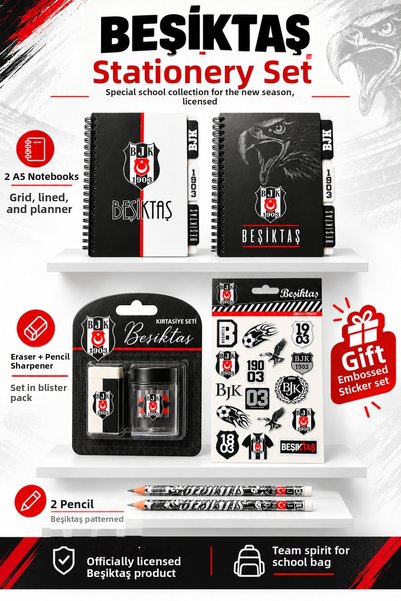 Beşiktaş Licensed 2-Piece Pencil Set with Pencil Sharpener and Eraser, Sticke...