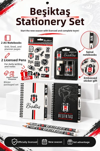 Beşiktaş Licensed 2-Piece Pencil Set with Pencil Sharpener and Eraser, Sticke...
