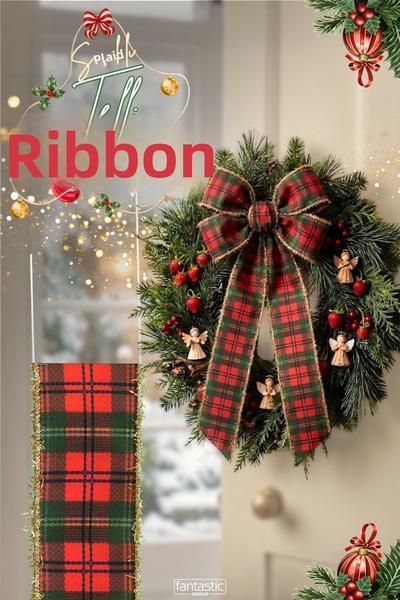 FANTASTIC KURDELE Christmas Red Green Plaid Glitter Fringed Wire Fabric Ribbo...