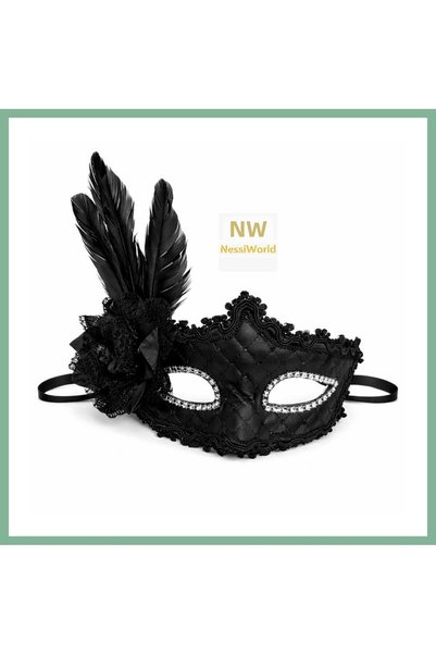 BŞK VİRGO Black Feathered Venetian Luxury Ball Mask Bsk2026