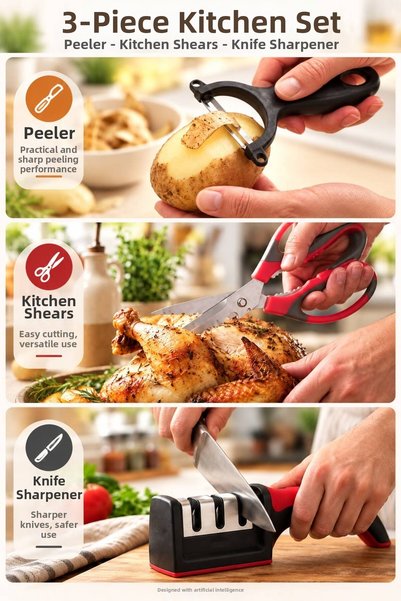 BuradaBuldun 3-Piece Kitchen Set: Vegetable Peeler, Kitchen Scissors, and 3-S...