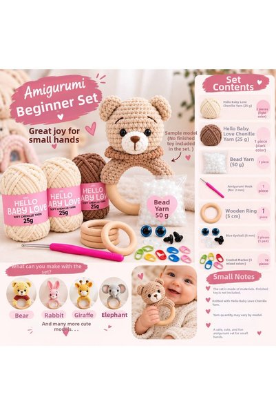 Hello DIY Amigurumi Starter Kit – Teddy Bear and Rattle Knitting Set with Vel...