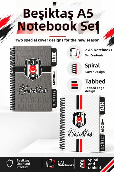 Beşiktaş Licensed Double A5 Spiral Planner Notebook Set Lined Squared Hard Co...