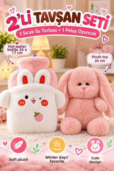 OpenCity Set of 2 Plush Hot Water Bag and Pink Rabbit Plush Toy with Soft Cov...