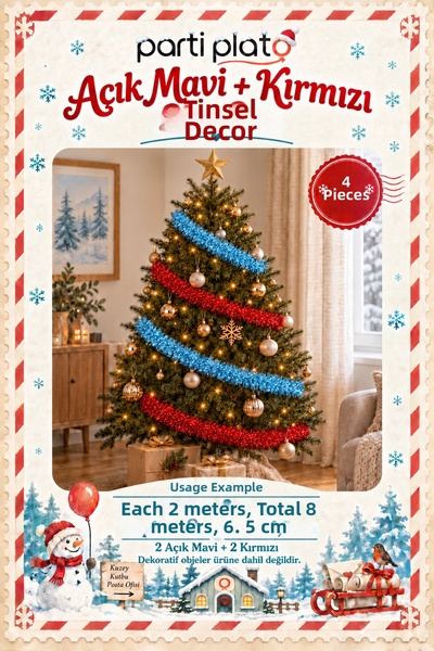 Parti Plato Light Blue and Red Glitter Ornament 4 Pieces 2 Meters Total 8 m 6...