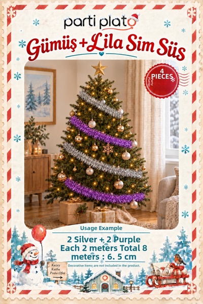 Parti Plato Silver and Lilac Glitter Ornament 4 Pieces 2 Meters Total 8 m 6.5...