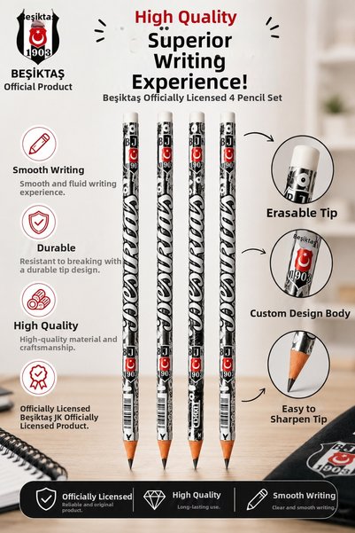 Beşiktaş Licensed 4-Piece Pencil Set 2B Patterned Four-Piece Pencils