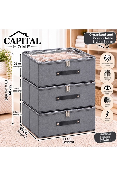 Capital Home Baza Alti 3 Pieces Multipurpose Organizer Bag + Storage Box Tran...