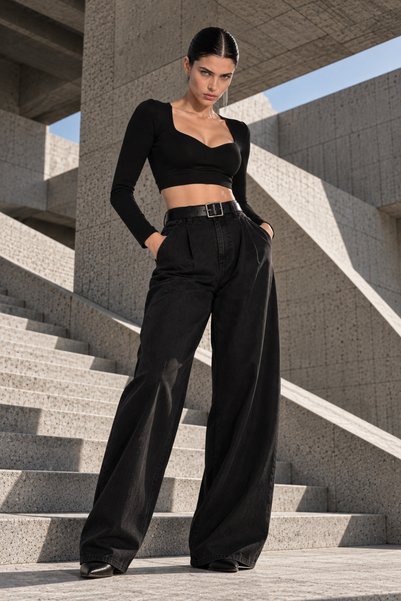 KİM Kİ O Μαύρο Scuba Γυναικείο Crop Top - Μπροστινό λαιμόκοψη V, μακρυμάνικο