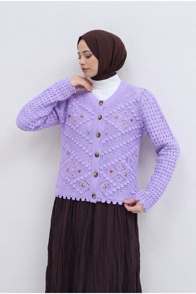 Modamorfo Cardigan pulover ajurat cu pompon brodat floral