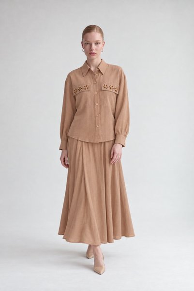 Levidor Pocket Beaded Daisy Detailed Skirt Set Camel