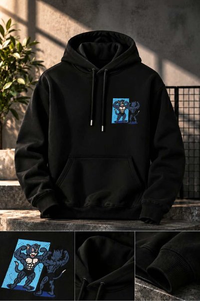 Genel Markalar Tom Ve Jerry Nakışlı Pamuklu Erkek Siyah Sweatshirt