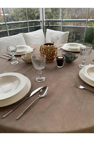Decamor home Pearl Velvet Textured Seamless Milk Brown Round Tablecloth