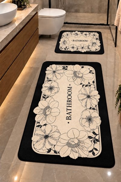 ÇELEBİ HOME TEKSTİL Çiçekli Bathroom Desenli Makinede Yıkanabilir Kaymaz Taba...