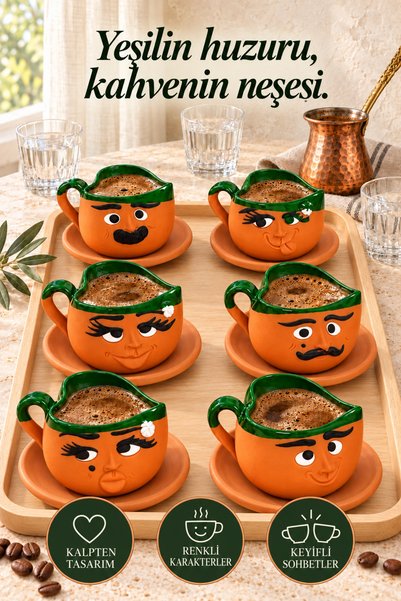 HerşeyTopraktan Handmade Coffee Cup Set with Emoji Expressions from Clay Gree...