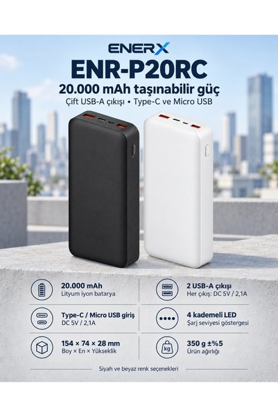 ENERX ENR-P20RC 20.000 mAh 2.1A Powerbank – Beyaz