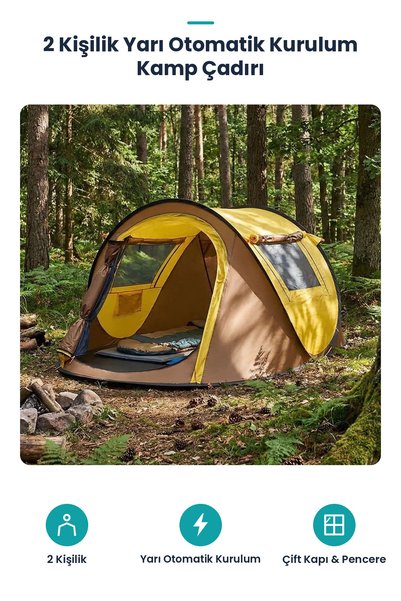 YerliÇöpPoşeti ® 2 Kişilik Vagon Tipi Yarı Otomatik Kamp Çadırı – Çift Kapılı...