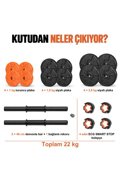 ECG Spor 22 Kg Multifonksiyonel Turuncu Siyah Halter Seti Ve Dambıl Seti