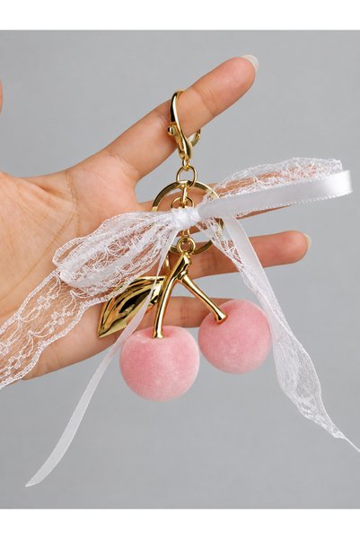 JUST WOMAN Women's Cherry Velvet Texture Ribbon Lace Gold Imported Bag Charm