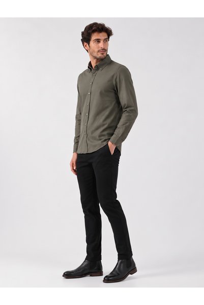 Vellagio Erkek Haki Slim Fit Uzun Kollu Pamuklu Gömlek