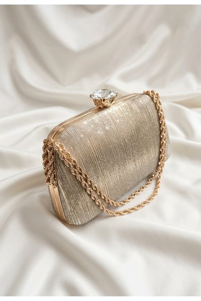 selma demir Simli Kumaş Gold Zincir Askılı Model Clutch Kadın Çanta
