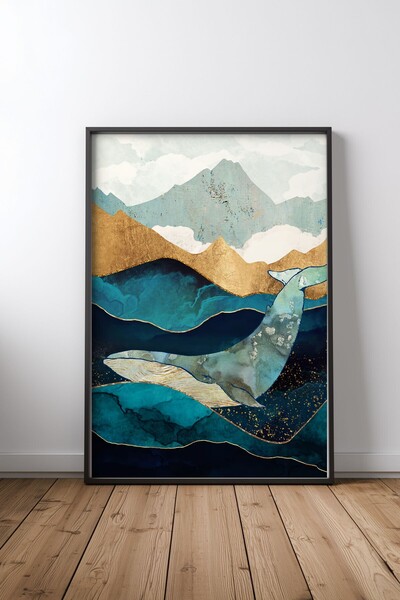 KEYFHOME Blue Whale Tablou MDF cu ramă neagră Poster Living Decor de perete C...
