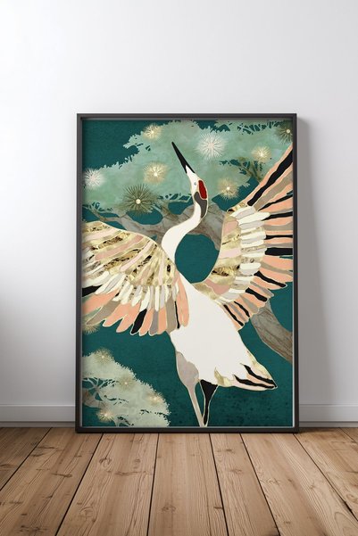 KEYFHOME Αφίσα ζωγραφικής από MDF με μαύρο πλαίσιο Golden Crane Δώρο διακόσμη...