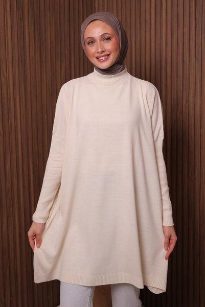 Balenbi Women's Stand Collar Basic 80cm Loose Oversize Knitwear Tunic 1145 Ecru