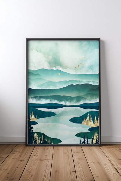 KEYFHOME Misty Lake Μαύρο Πλαίσιο MDF Πίνακας Αφίσα Σαλόνι Διακόσμηση Τοίχου ...