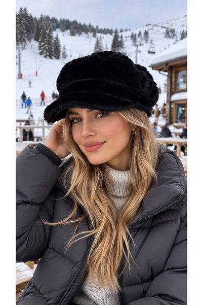MARBERRY Black Soft Textured Soft Textured Plush Beanie Women's Hat
