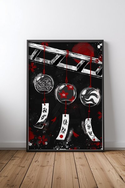 KEYFHOME Poster de pictură MDF cu cadru negru Wind Chime, cadou pentru decora...