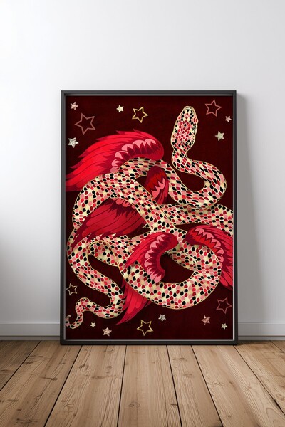 KEYFHOME Anul Nou Lunar Șarpe Mitic Cu Ramă Neagră Poster de Pictură MDF Deco...