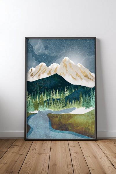 KEYFHOME Mountain River MDF cu ramă neagră Tablou Poster Living Decor de pere...