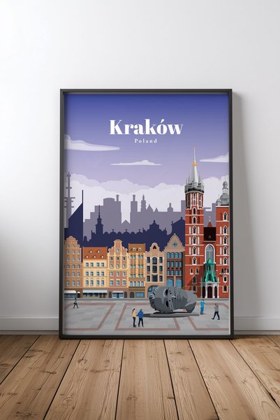 KEYFHOME Travel to Krakow Black Framed Mdf Table Poster Living Room Wall Deco...