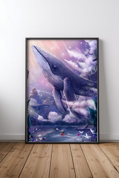 KEYFHOME Mystic Whale Fantasy Tablou MDF cu ramă neagră Poster Living Decor d...