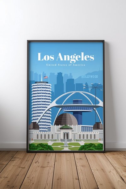 KEYFHOME Poster de pictură MDF cu ramă neagră Travel to LA, cadou pentru deco...