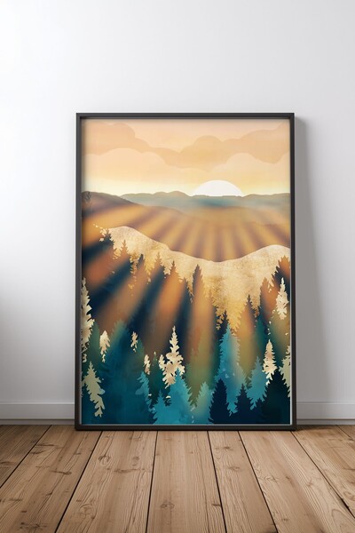 KEYFHOME Blue Forest Sunrise Αφίσα ζωγραφικής σε μαύρο πλαίσιο από MDF Δώρο δ...