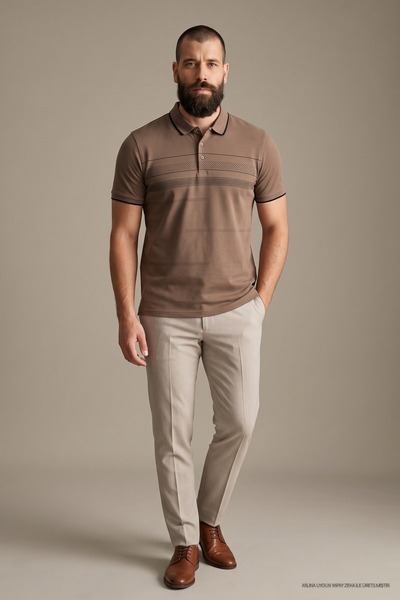 Maccali Men's Cotton Pack Premium Comfort Patterned Brown Polo Neck T-Shirt