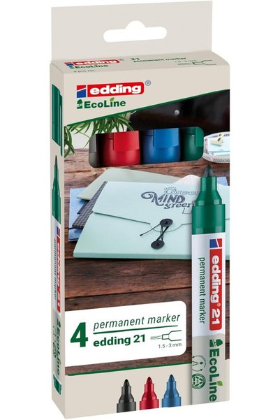 Edding 21 ecoline permanent, set of 4, mixed colors, round tip, refillable