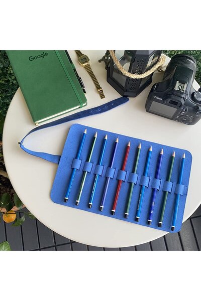 Modica Helsinki - Genuine Leather Natural Wide Design Roll-Up Pen Holder (Blue)