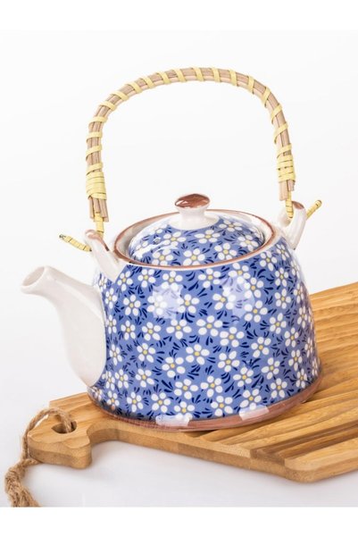 Zeus Lojistik Mukko Home Hasır Saplı Porselen Demlik Çiçek Desenli, 900Ml Çay, Kahve, Bitki Çayı Sunum, FAN17