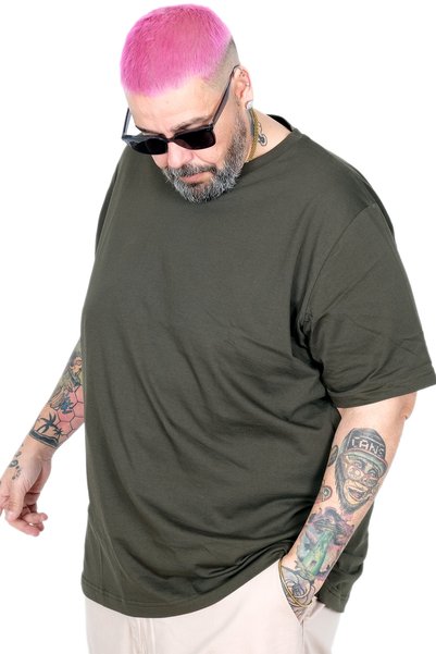 ModeXL Mode XL Büyük Beden Tshirt V Yaka 20032 Haki