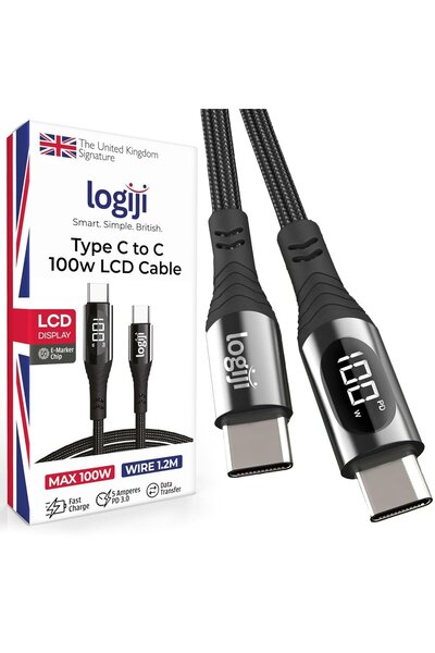 Logiji 100W Type-C to Type-C Dijital LED Ekranlı Göstergeli Hızlı Şarj Kablosu E-Mark Çipli, Dayanık